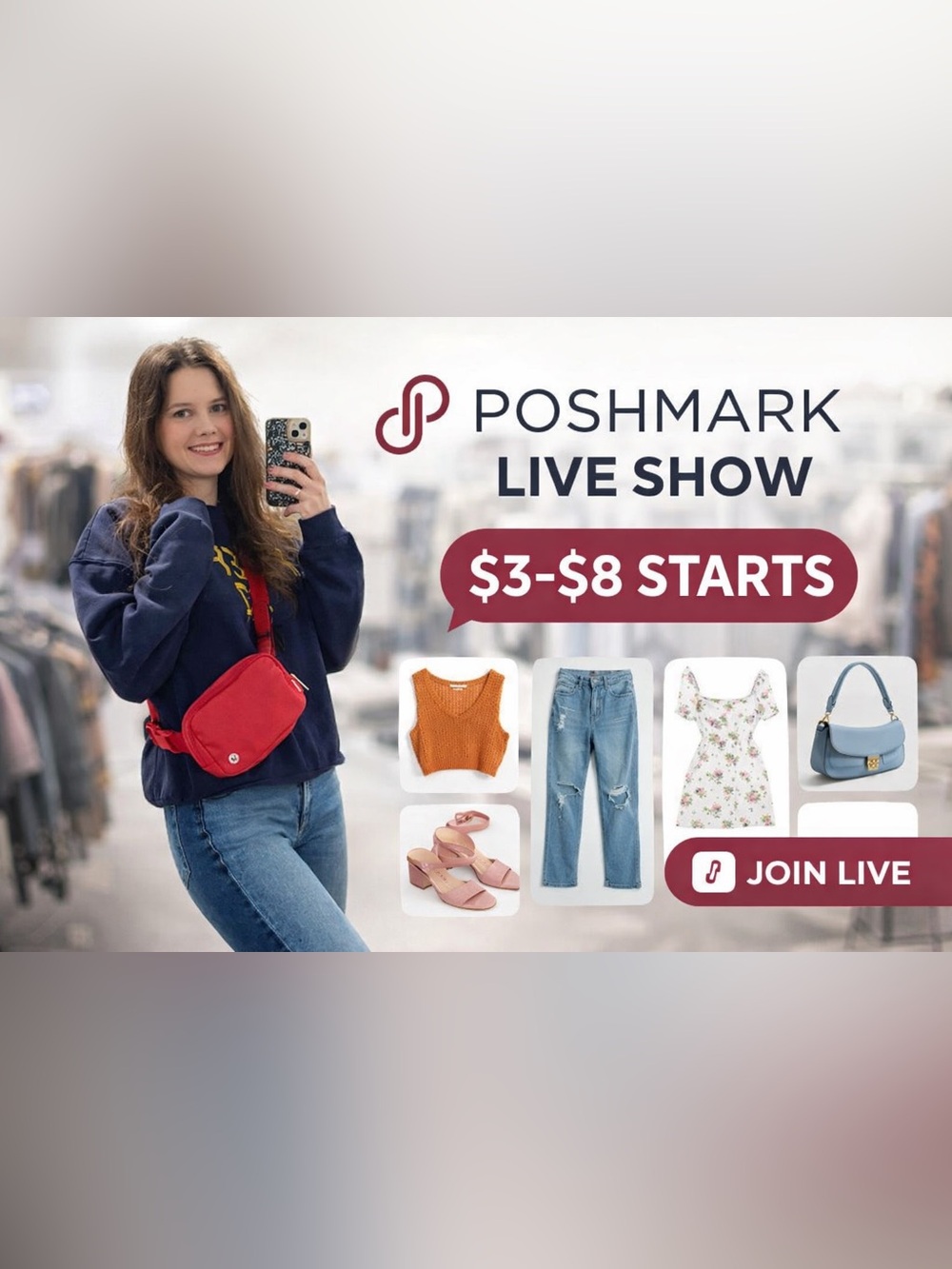 Poshmark Live Show Promo Hoodie Outfit with Red Crossbody Bag